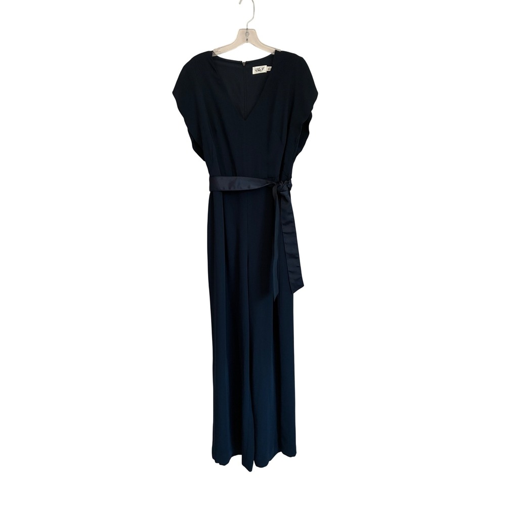 Eliza J Womens 10 Navy Satin Flutter Sleeve Wide Leg Belted Jumpsuit